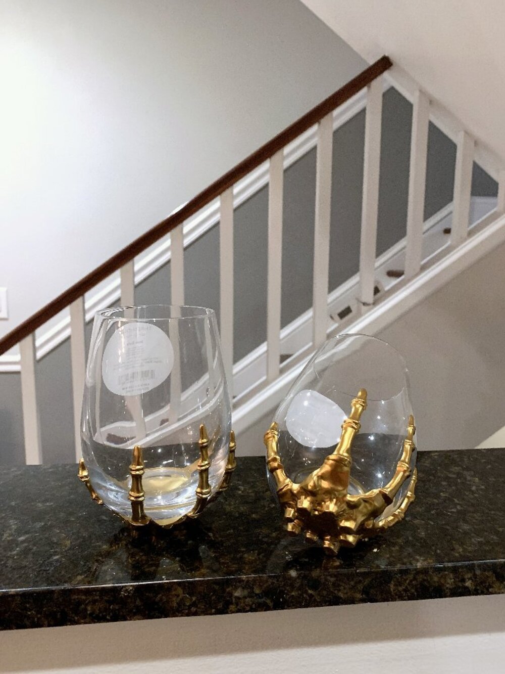 THRESHOLD Gold Metal Skeleton Hand Stemless Wine Glasses Gothic Halloween 2 SET